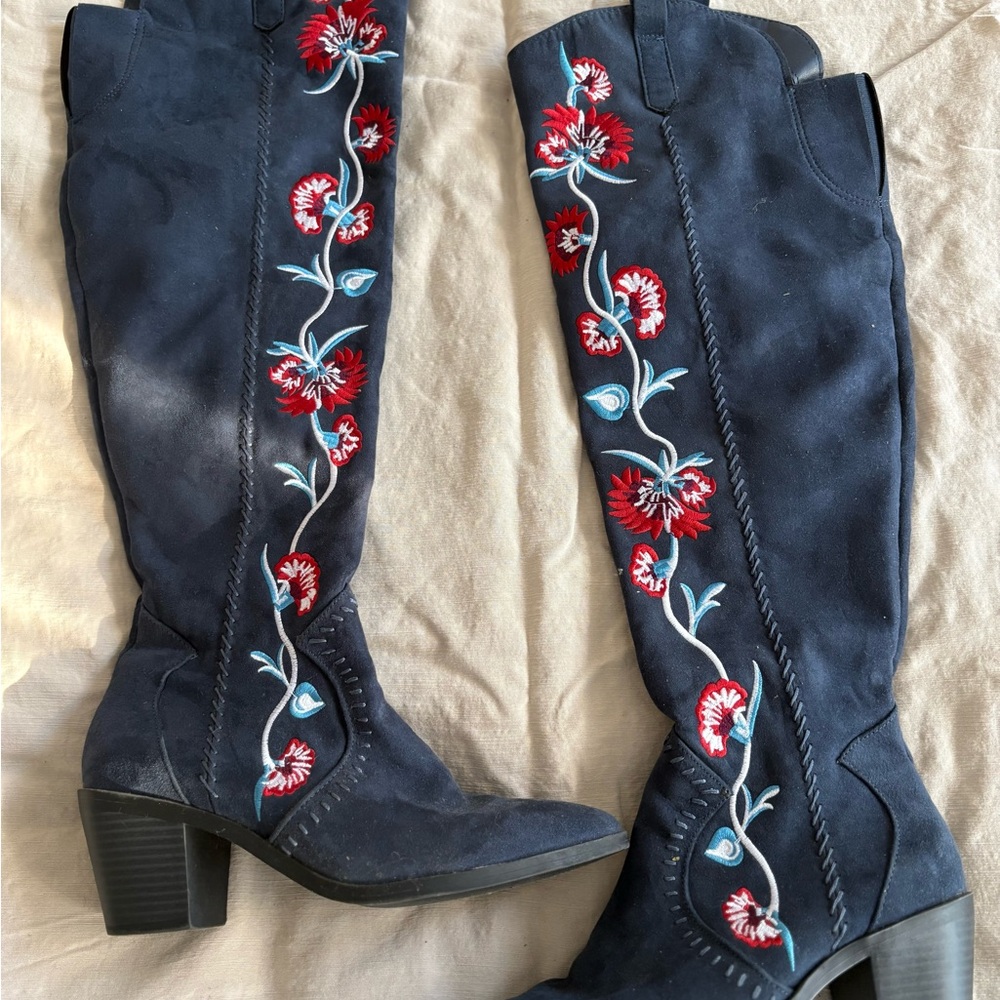 Carlos Santana Blue Floral Over the Knee Boots